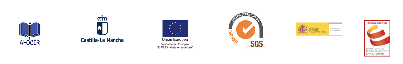 Muestra los logos de ACOFIR, Castilla La Mancha, Union Europea, SGC, Ministerio de Empleo, Entida Adherida