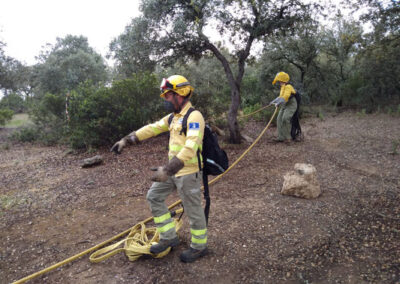 Muestra unos bomberos en el campo