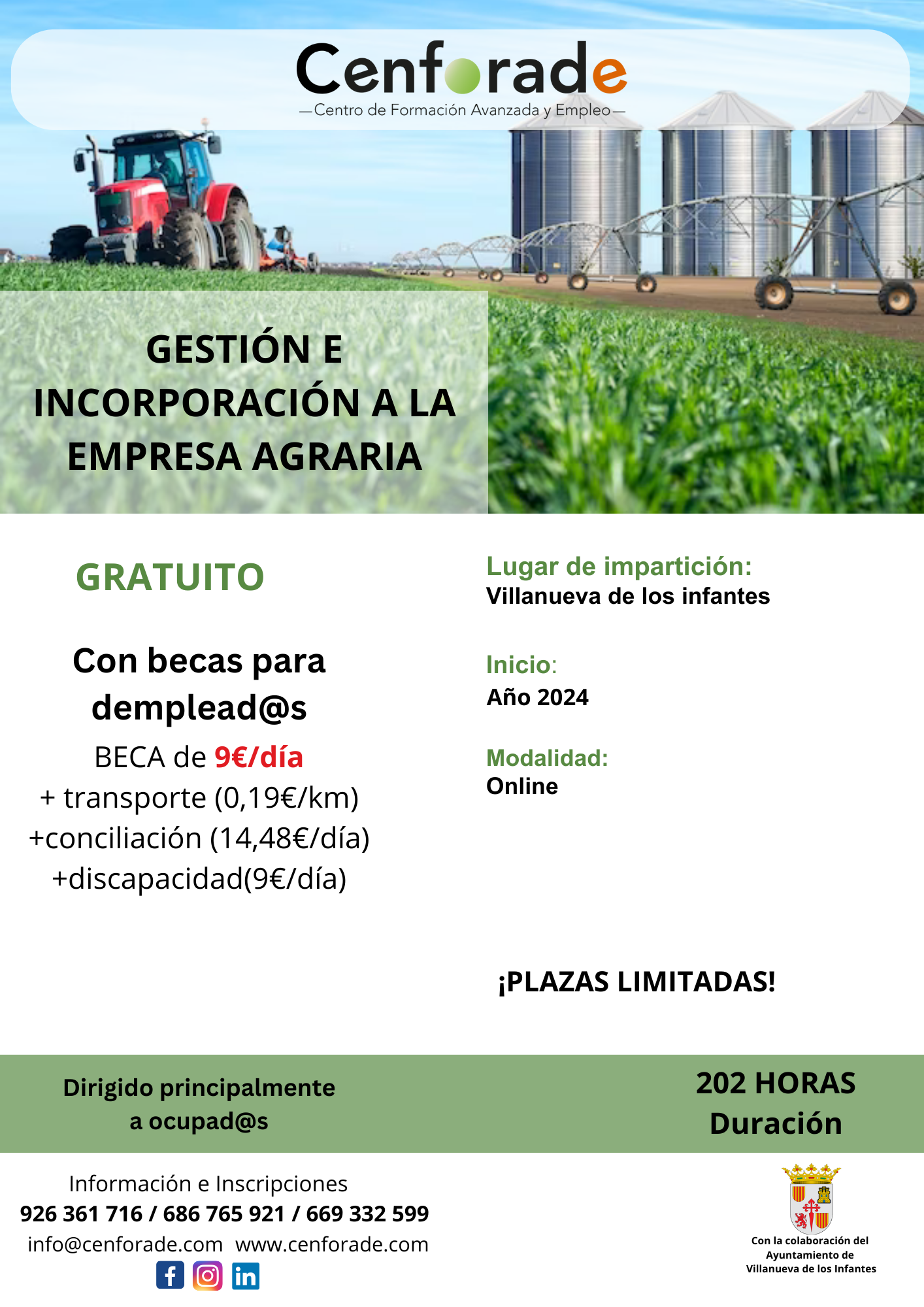 Se muestra el cartel del curso gestión e incorporacion a la empresa agraria, en modalidad online impartido por cenforade