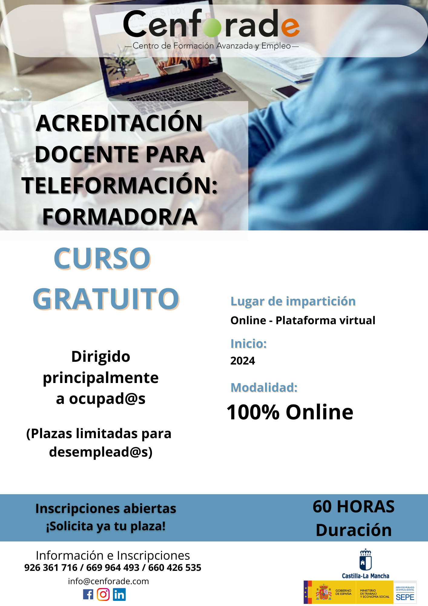 Se muestra el cartel del curso online acreditación docente para teleformación: formador / a, impartido por cenforade