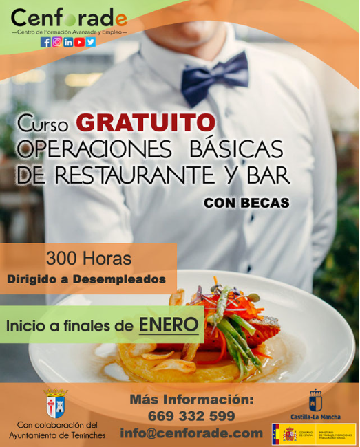 Abierto el plazo para matricularse en el curso gratuito para la obtención del certificado de profesionalidad en «Operaciones Básicas de Restaurante y Bar»